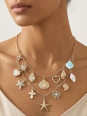 Starfish Shell Pearl Heart Cross Charm Layered Statement Necklace